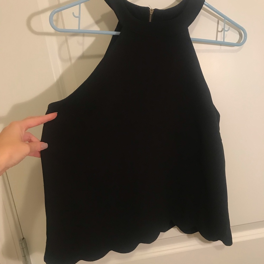 Black High Neck Scallop Trim Top